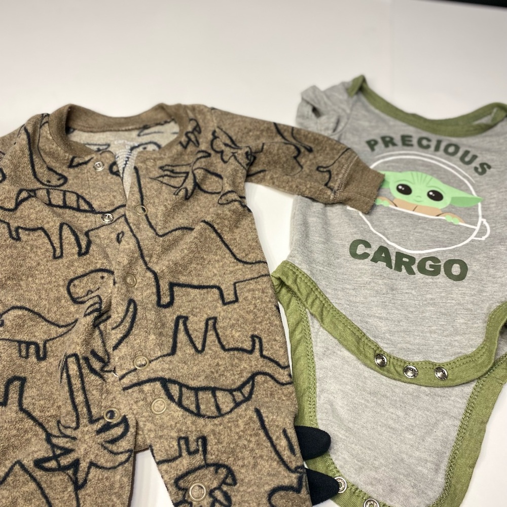 Brown Dinosaur Print Onesie and Star Wars shirt